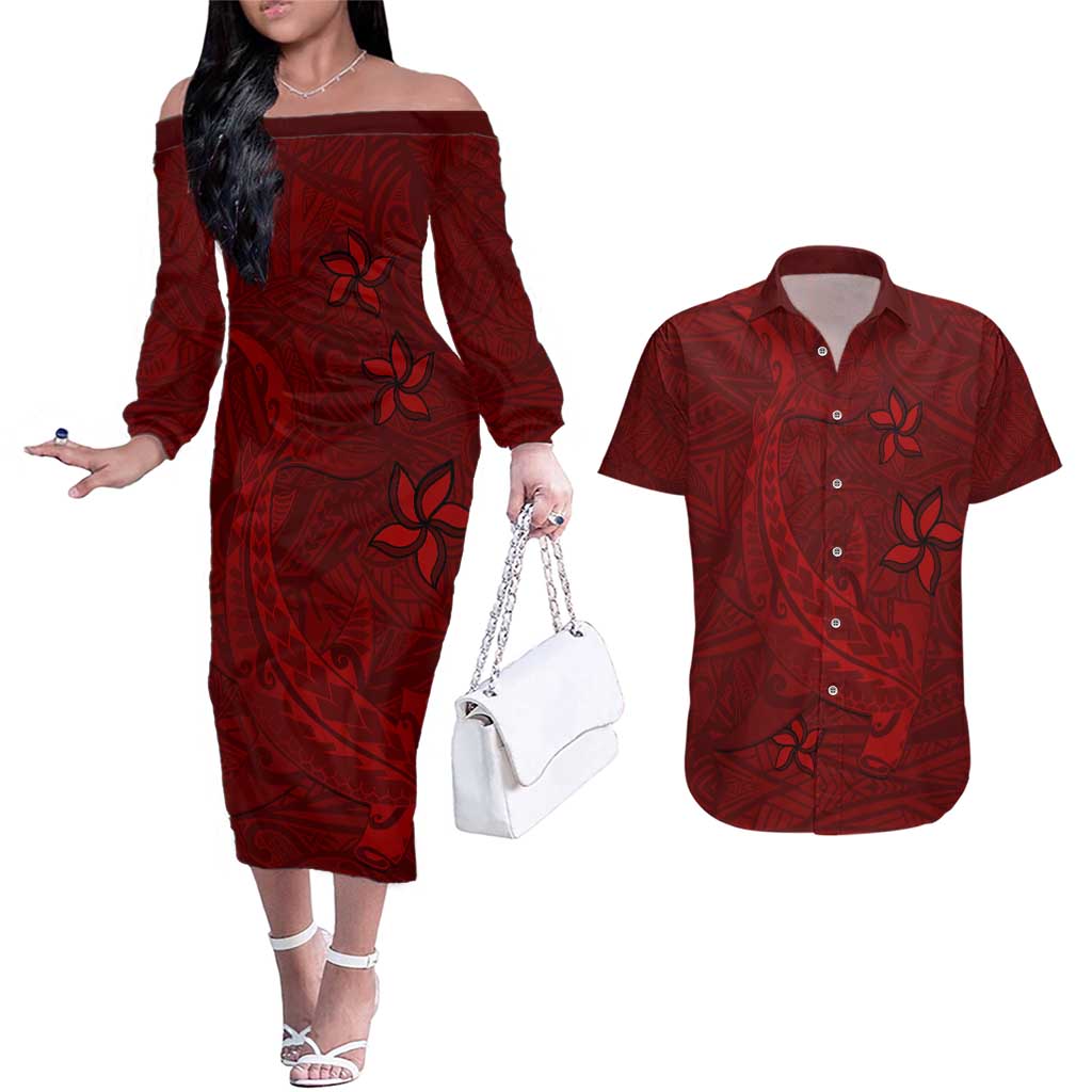 Oxblood Polynesia Couples Matching Off The Shoulder Long Sleeve Dress and Hawaiian Shirt Hawaiian Tribal Hammerhead Shark Tattoo LT14 Oxblood - Polynesian Pride