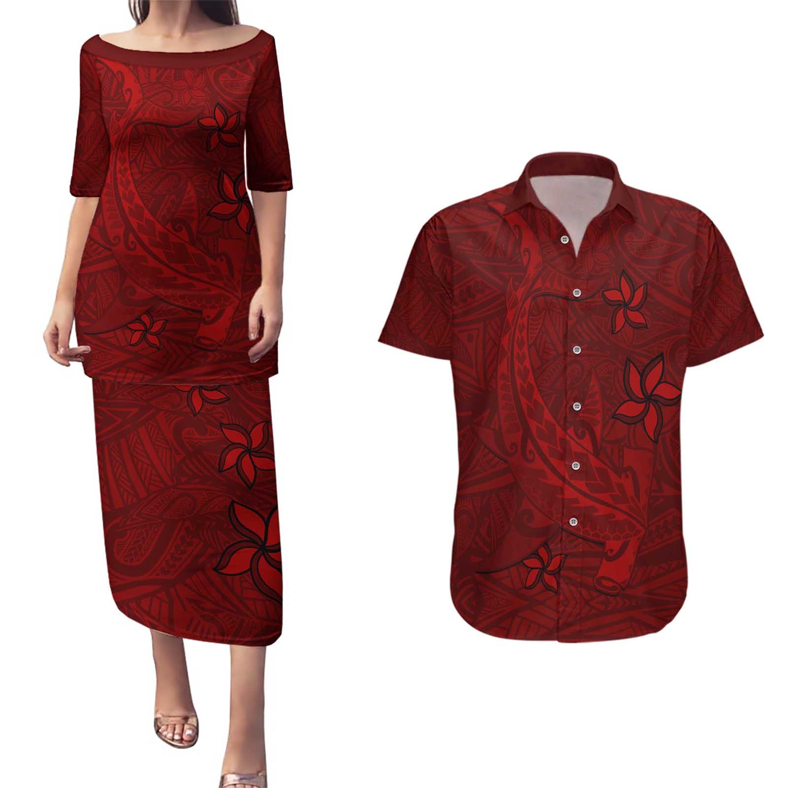 Oxblood Polynesia Couples Matching Puletasi and Hawaiian Shirt Hawaiian Tribal Hammerhead Shark Tattoo LT14 Oxblood - Polynesian Pride