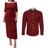 Oxblood Polynesia Couples Matching Puletasi and Long Sleeve Button Shirt Hawaiian Tribal Hammerhead Shark Tattoo LT14 Oxblood - Polynesian Pride