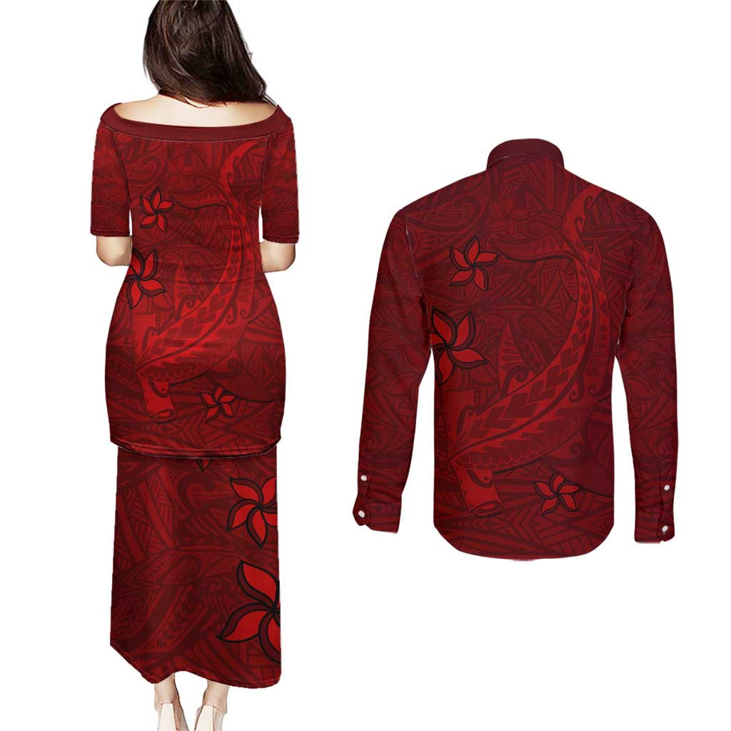 Oxblood Polynesia Couples Matching Puletasi and Long Sleeve Button Shirt Hawaiian Tribal Hammerhead Shark Tattoo LT14 - Polynesian Pride