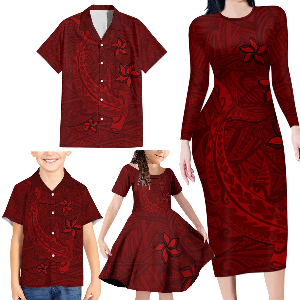 Oxblood Polynesia Family Matching Long Sleeve Bodycon Dress and Hawaiian Shirt Hawaiian Tribal Hammerhead Shark Tattoo