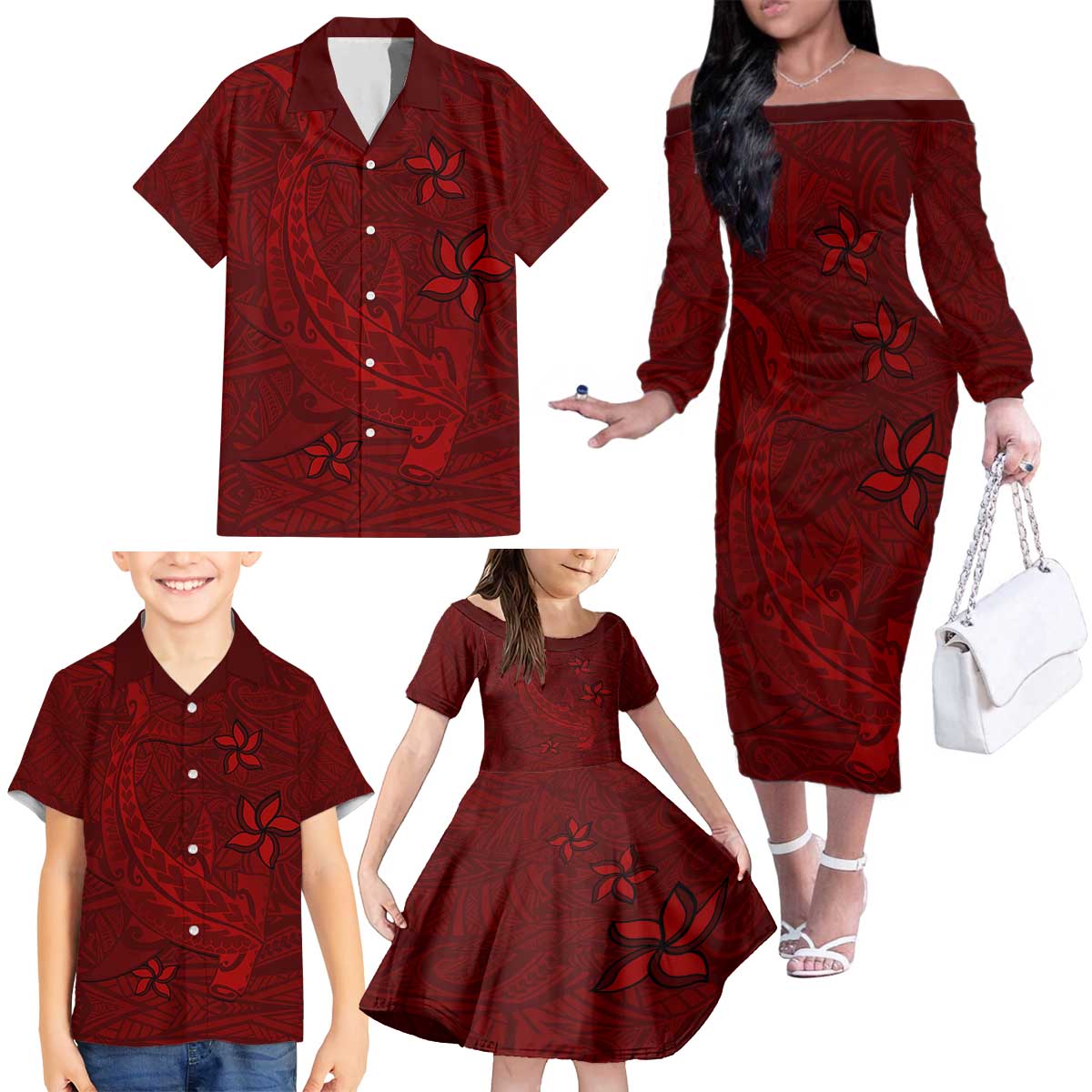 Oxblood Polynesia Family Matching Off The Shoulder Long Sleeve Dress and Hawaiian Shirt Hawaiian Tribal Hammerhead Shark Tattoo