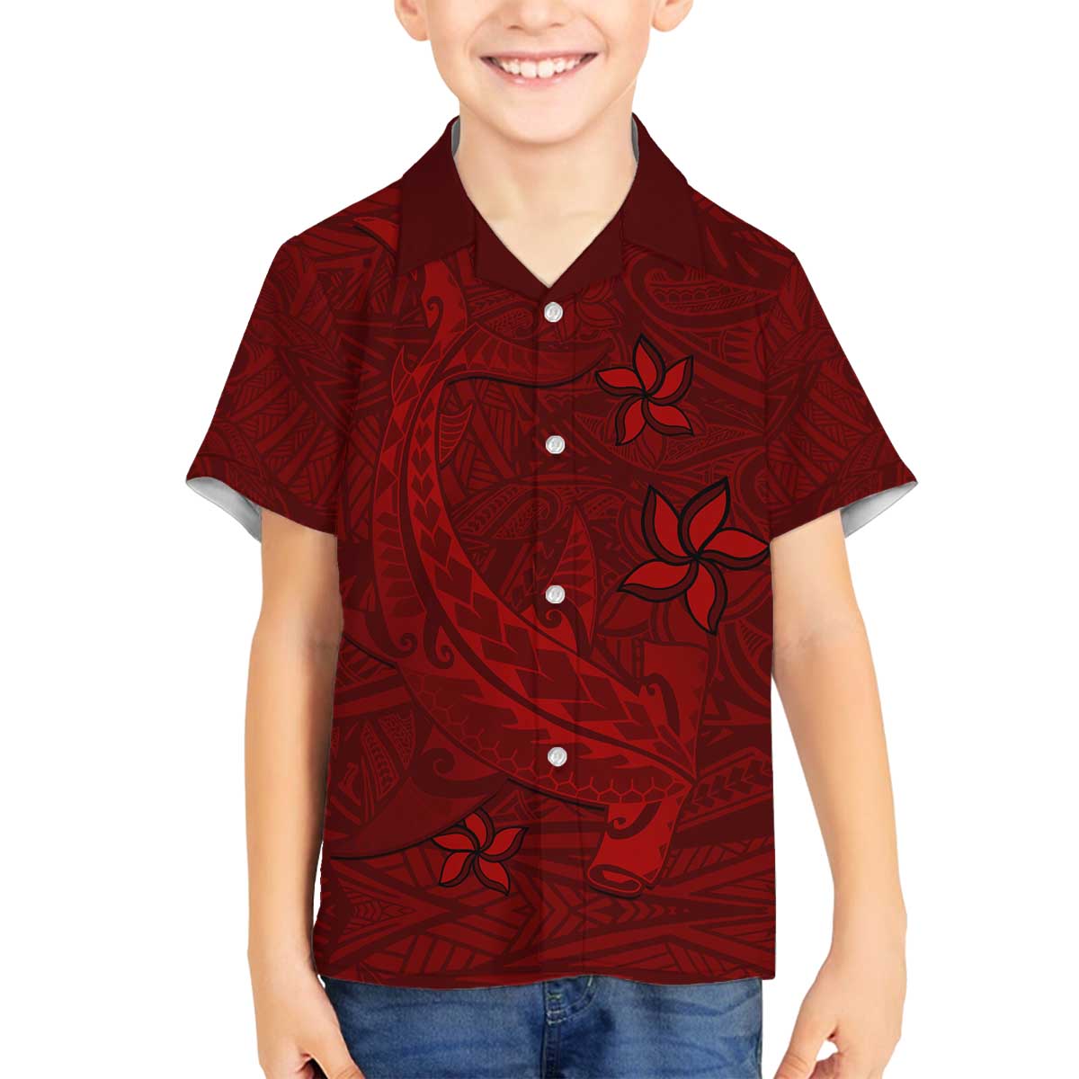 Oxblood Polynesia Family Matching Off The Shoulder Long Sleeve Dress and Hawaiian Shirt Hawaiian Tribal Hammerhead Shark Tattoo