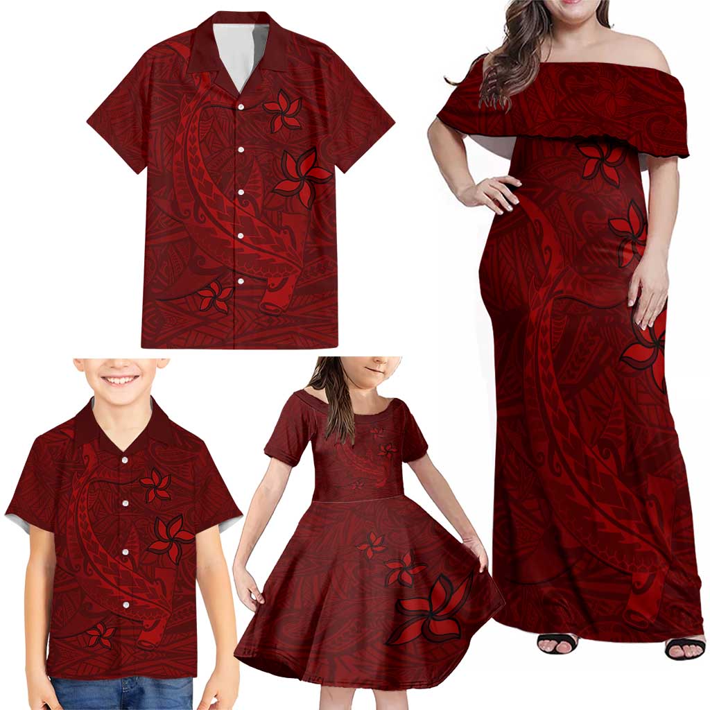 Oxblood Polynesia Family Matching Off Shoulder Maxi Dress and Hawaiian Shirt Hawaiian Tribal Hammerhead Shark Tattoo LT14 - Polynesian Pride