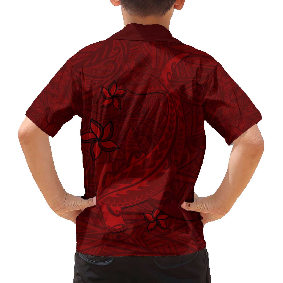 Oxblood Polynesia Family Matching Off Shoulder Short Dress and Hawaiian Shirt Hawaiian Tribal Hammerhead Shark Tattoo LT14 - Polynesian Pride