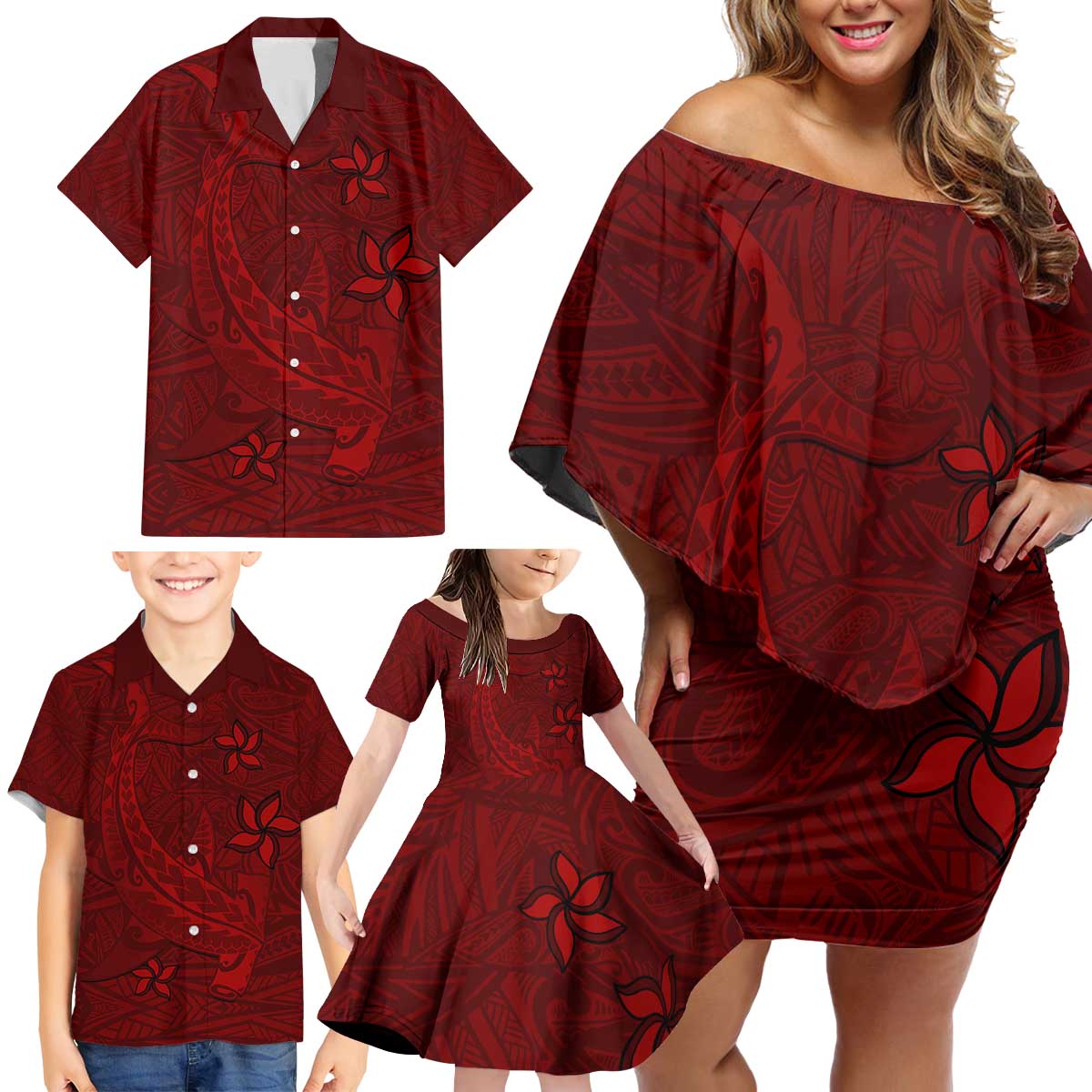 Oxblood Polynesia Family Matching Off Shoulder Short Dress and Hawaiian Shirt Hawaiian Tribal Hammerhead Shark Tattoo