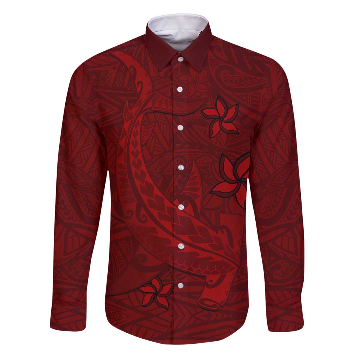 Oxblood Polynesia Family Matching Off Shoulder Short Dress and Hawaiian Shirt Hawaiian Tribal Hammerhead Shark Tattoo LT14 Dad's Shirt - Long Sleeve Oxblood - Polynesian Pride