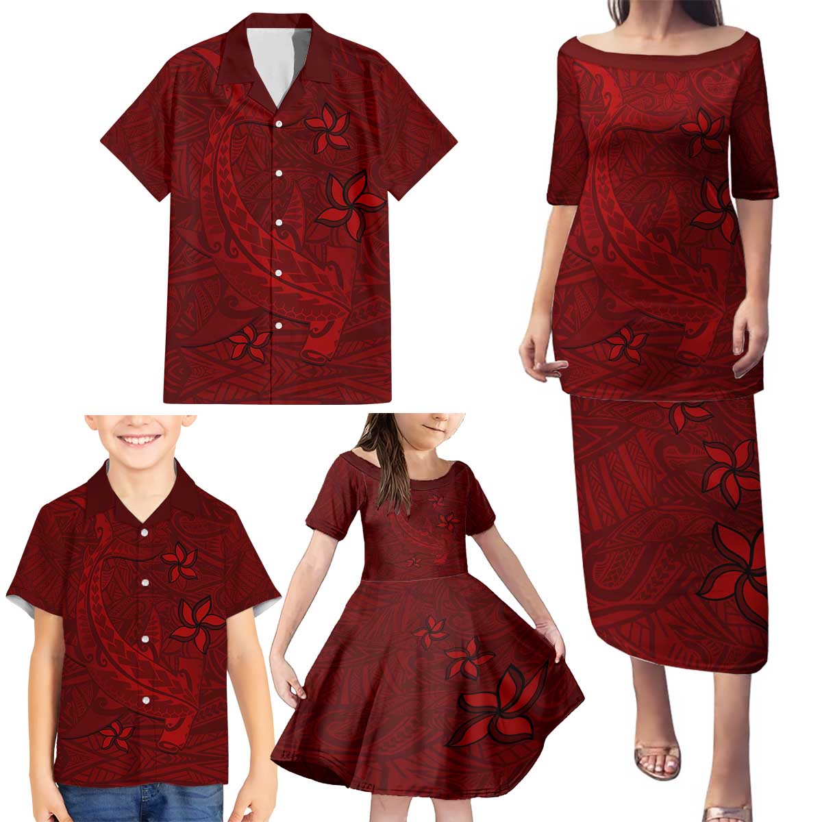 Oxblood Polynesia Family Matching Puletasi and Hawaiian Shirt Hawaiian Tribal Hammerhead Shark Tattoo