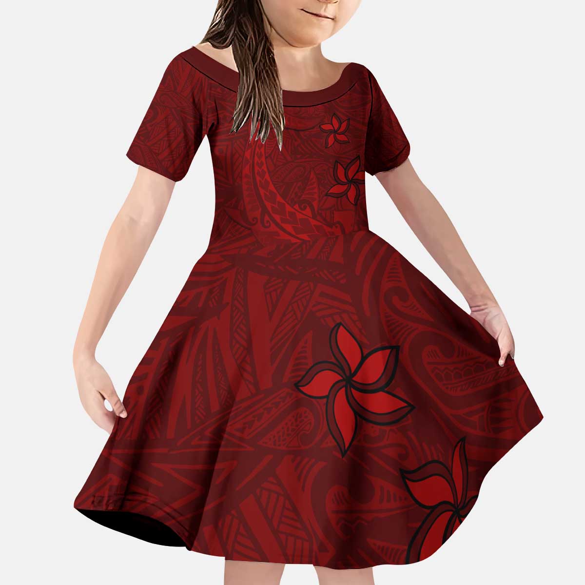 Oxblood Polynesia Kid Short Sleeve Dress Hawaiian Tribal Hammerhead Shark Tattoo