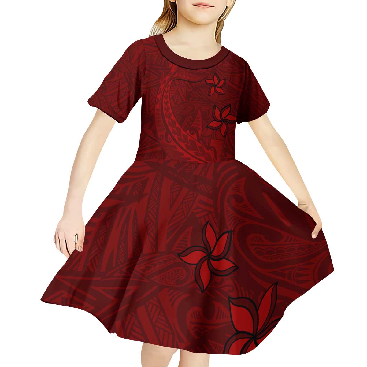 Oxblood Polynesia Kid Short Sleeve Dress Hawaiian Tribal Hammerhead Shark Tattoo