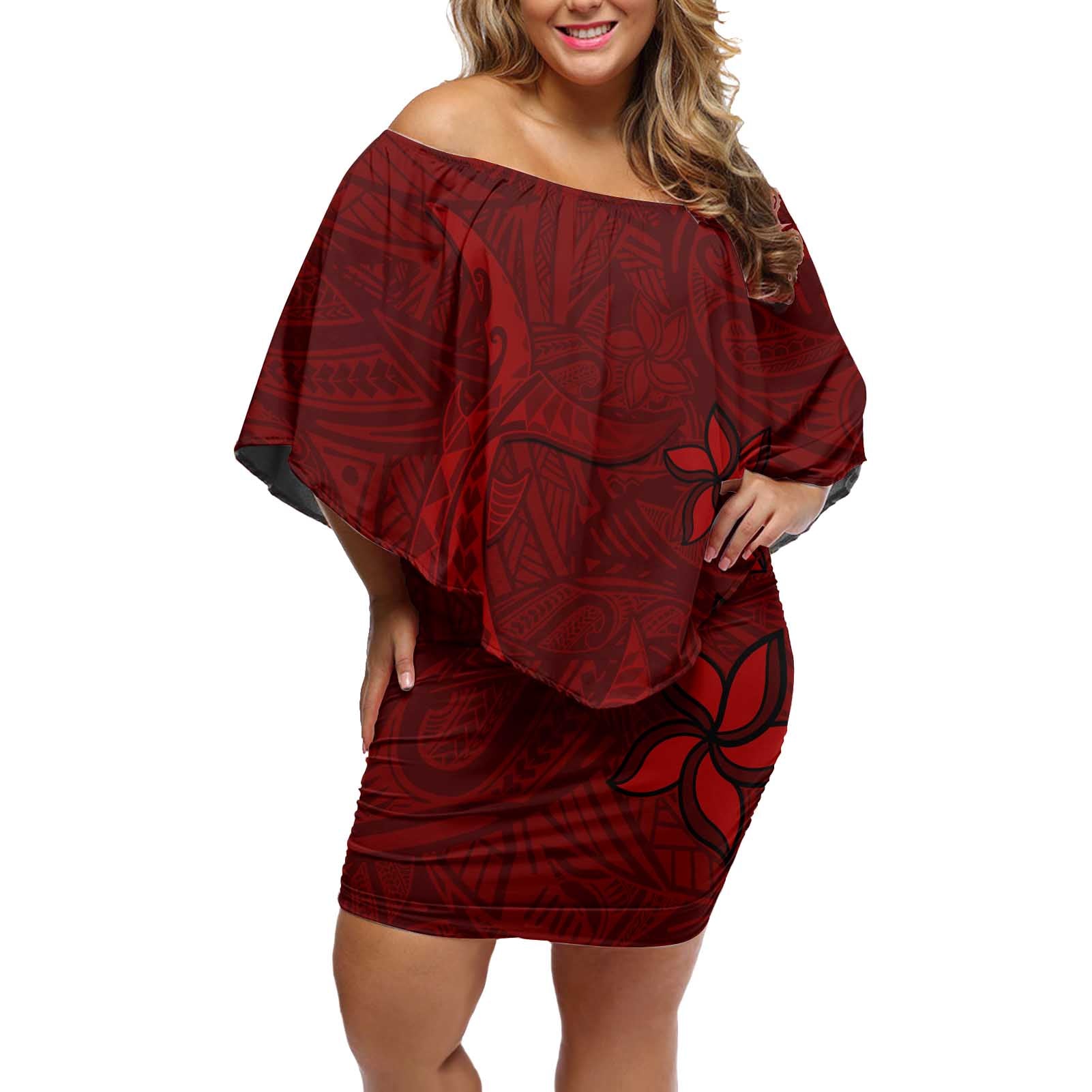 Oxblood Polynesia Off Shoulder Short Dress Hawaiian Tribal Hammerhead Shark Tattoo