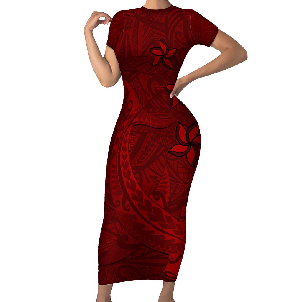 Oxblood Polynesia Short Sleeve Bodycon Dress Hawaiian Tribal Hammerhead Shark Tattoo