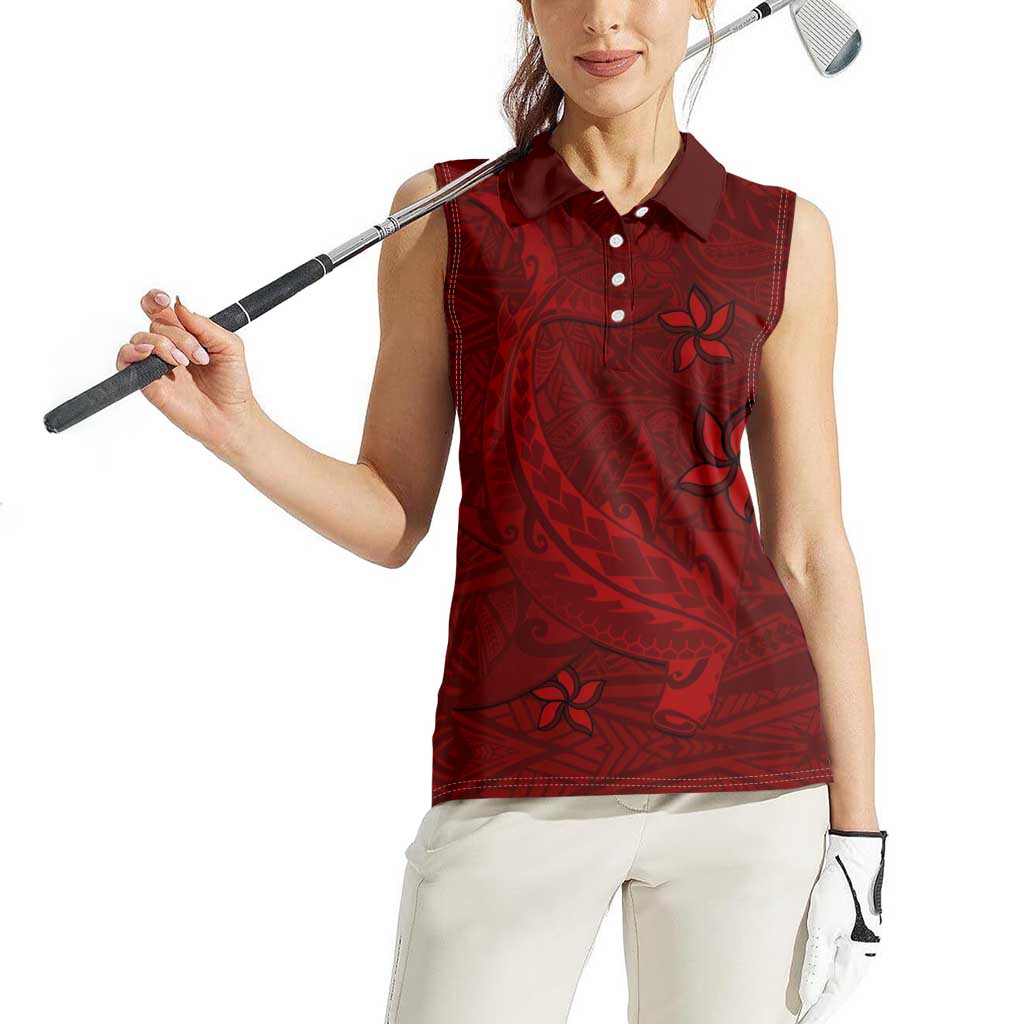 Oxblood Polynesia Women Sleeveless Polo Shirt Hawaiian Tribal Hammerhead Shark Tattoo