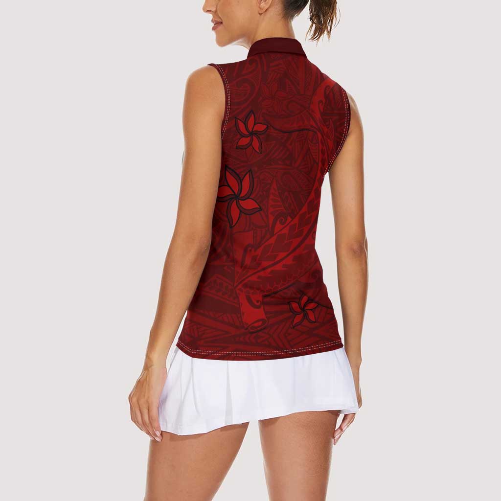 Oxblood Polynesia Women Sleeveless Polo Shirt Hawaiian Tribal Hammerhead Shark Tattoo