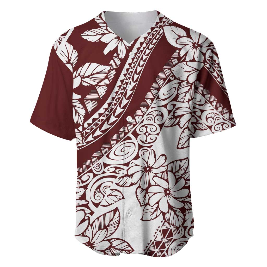 Polynesian Tropical Flowers Oxblood Color Baseball Jersey