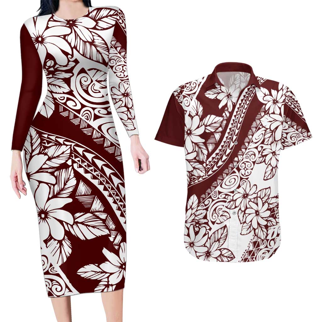 Polynesian Tropical Flowers Oxblood Color Couples Matching Long Sleeve Bodycon Dress and Hawaiian Shirt LT14 Oxblood - Polynesian Pride