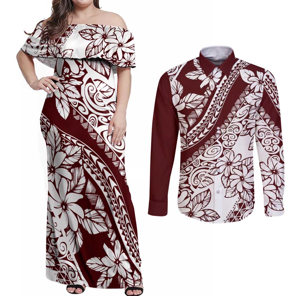 Polynesian Tropical Flowers Oxblood Color Couples Matching Off Shoulder Maxi Dress and Long Sleeve Button Shirt LT14 Oxblood - Polynesian Pride