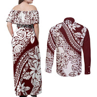 Polynesian Tropical Flowers Oxblood Color Couples Matching Off Shoulder Maxi Dress and Long Sleeve Button Shirt LT14 - Polynesian Pride
