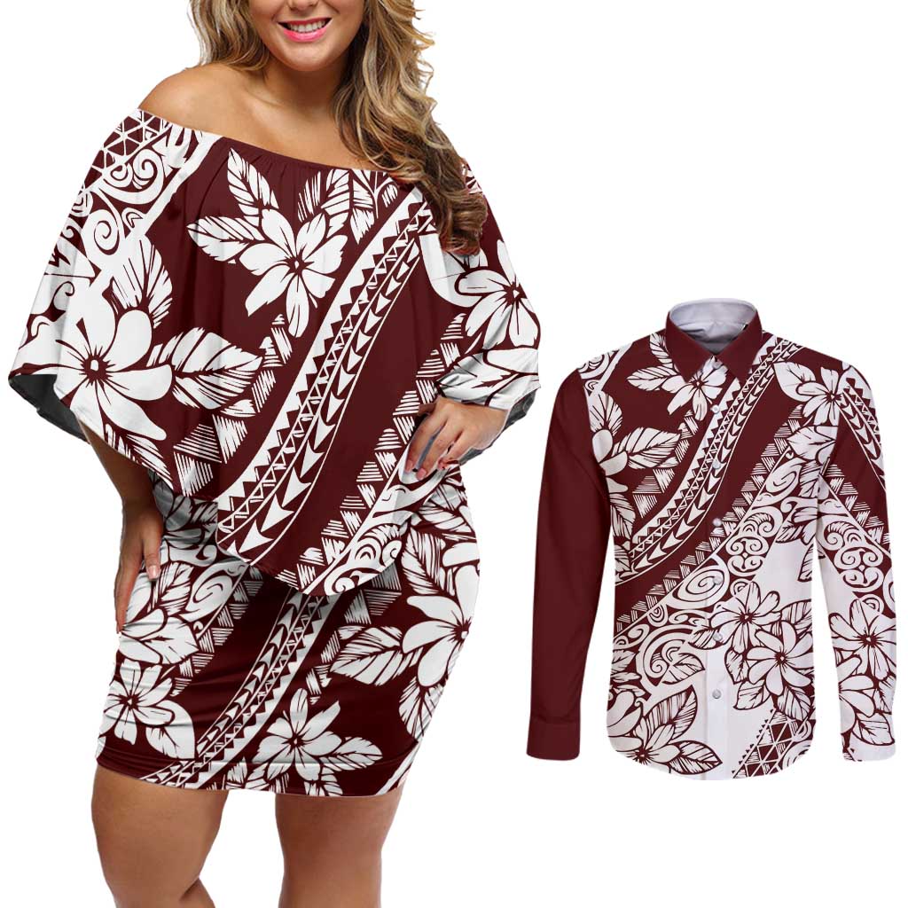 Polynesian Tropical Flowers Oxblood Color Couples Matching Off Shoulder Short Dress and Long Sleeve Button Shirt LT14 Oxblood - Polynesian Pride