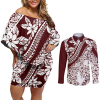 Polynesian Tropical Flowers Oxblood Color Couples Matching Off Shoulder Short Dress and Long Sleeve Button Shirt LT14 Oxblood - Polynesian Pride
