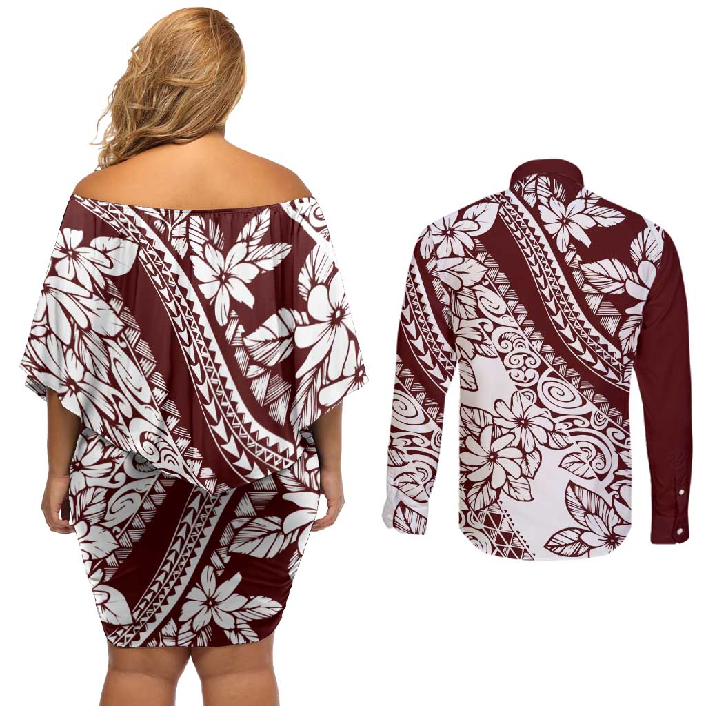 Polynesian Tropical Flowers Oxblood Color Couples Matching Off Shoulder Short Dress and Long Sleeve Button Shirt LT14 - Polynesian Pride