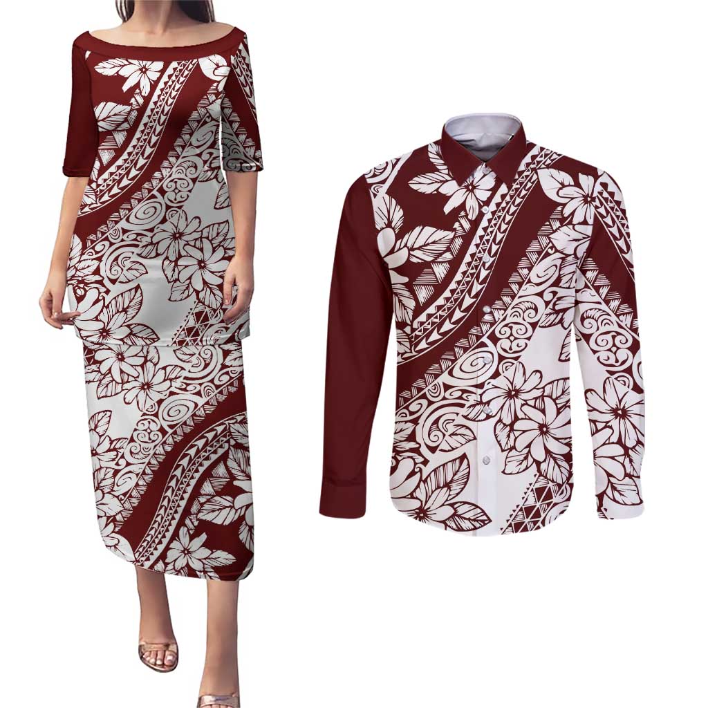 Polynesian Tropical Flowers Oxblood Color Couples Matching Puletasi and Long Sleeve Button Shirt LT14 Oxblood - Polynesian Pride