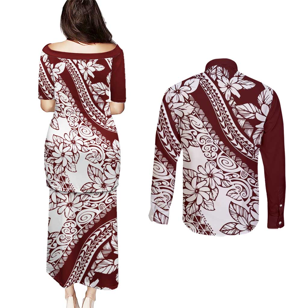 Polynesian Tropical Flowers Oxblood Color Couples Matching Puletasi and Long Sleeve Button Shirt LT14 - Polynesian Pride
