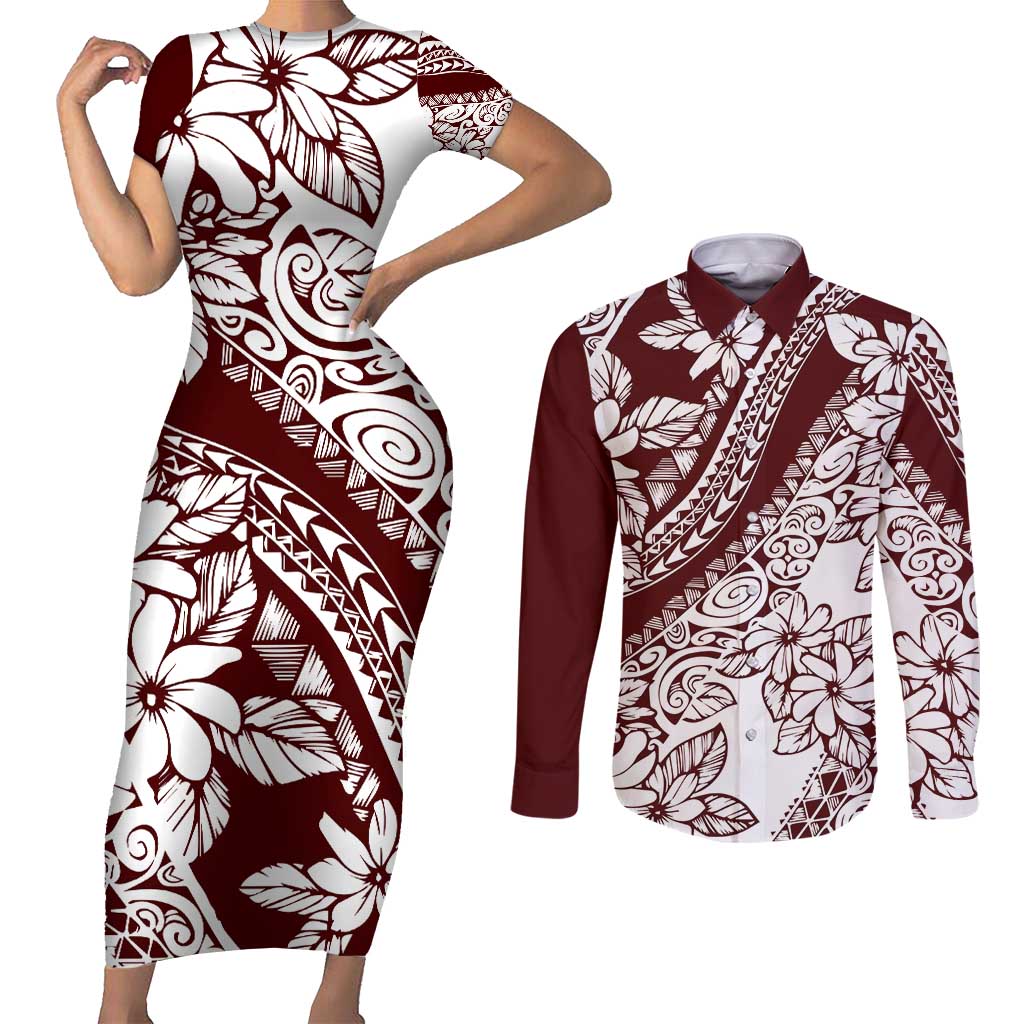 Polynesian Tropical Flowers Oxblood Color Couples Matching Short Sleeve Bodycon Dress and Long Sleeve Button Shirt LT14 Oxblood - Polynesian Pride