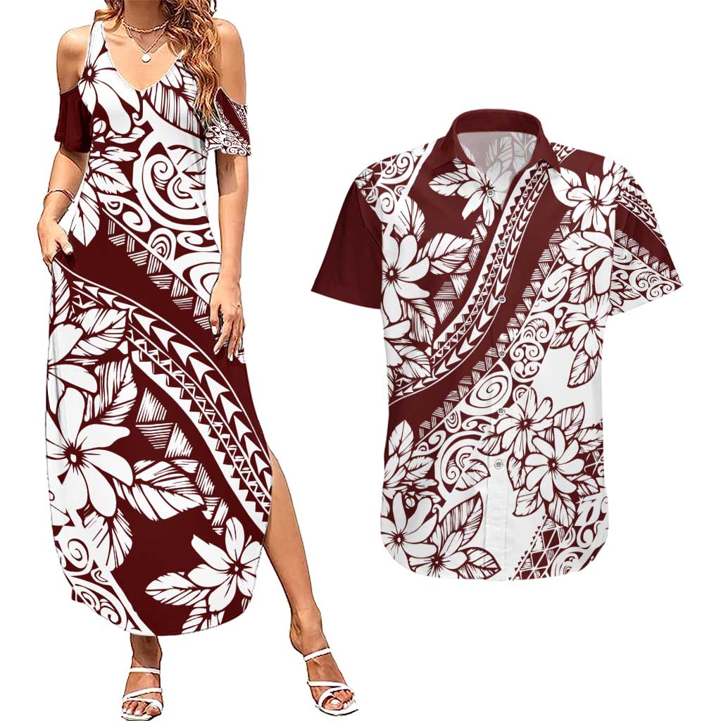 Polynesian Tropical Flowers Oxblood Color Couples Matching Summer Maxi Dress and Hawaiian Shirt LT14 Oxblood - Polynesian Pride