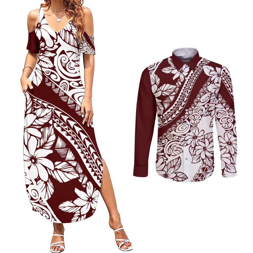 Polynesian Tropical Flowers Oxblood Color Couples Matching Summer Maxi Dress and Long Sleeve Button Shirt LT14 Oxblood - Polynesian Pride