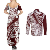 Polynesian Tropical Flowers Oxblood Color Couples Matching Summer Maxi Dress and Long Sleeve Button Shirt LT14 - Polynesian Pride