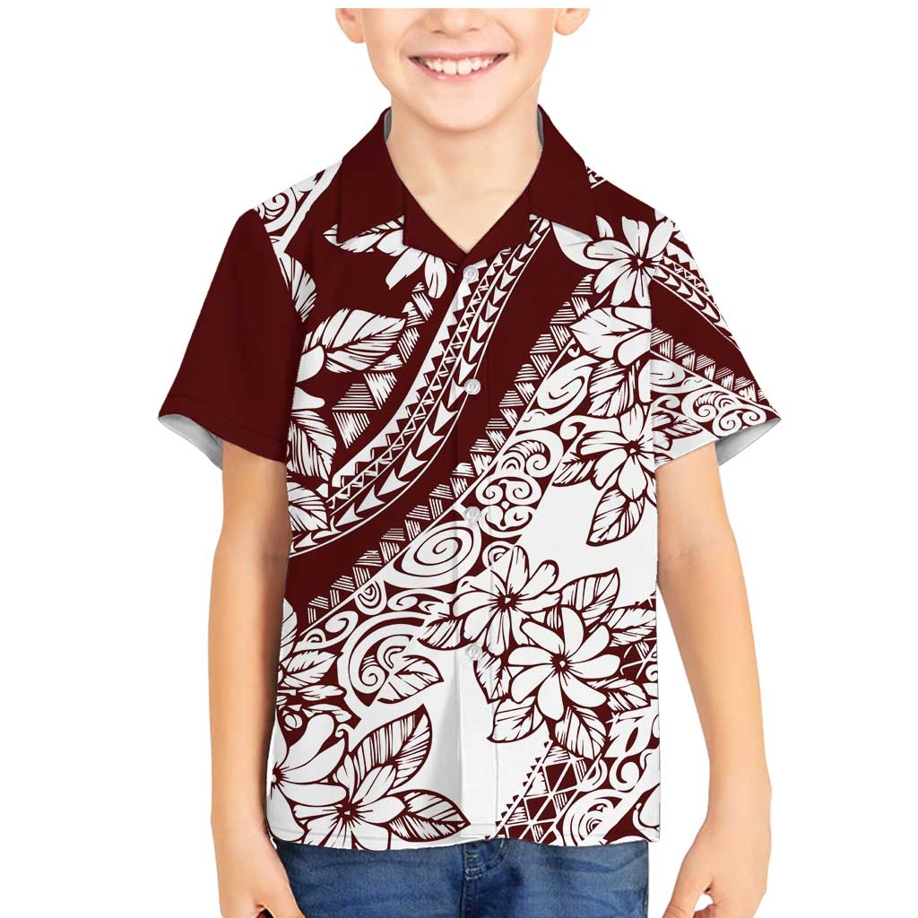 Polynesian Tropical Flowers Oxblood Color Family Matching Mermaid Dress and Hawaiian Shirt LT14 Son's Shirt Oxblood - Polynesian Pride