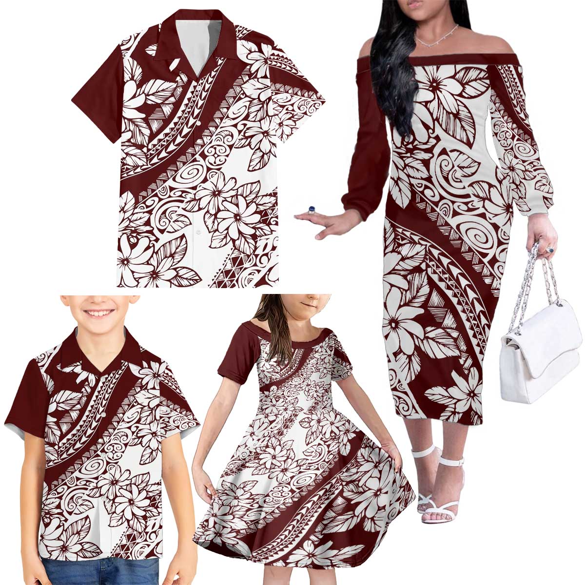 Polynesian Tropical Flowers Oxblood Color Family Matching Off The Shoulder Long Sleeve Dress and Hawaiian Shirt