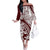 Polynesian Tropical Flowers Oxblood Color Family Matching Off The Shoulder Long Sleeve Dress and Hawaiian Shirt