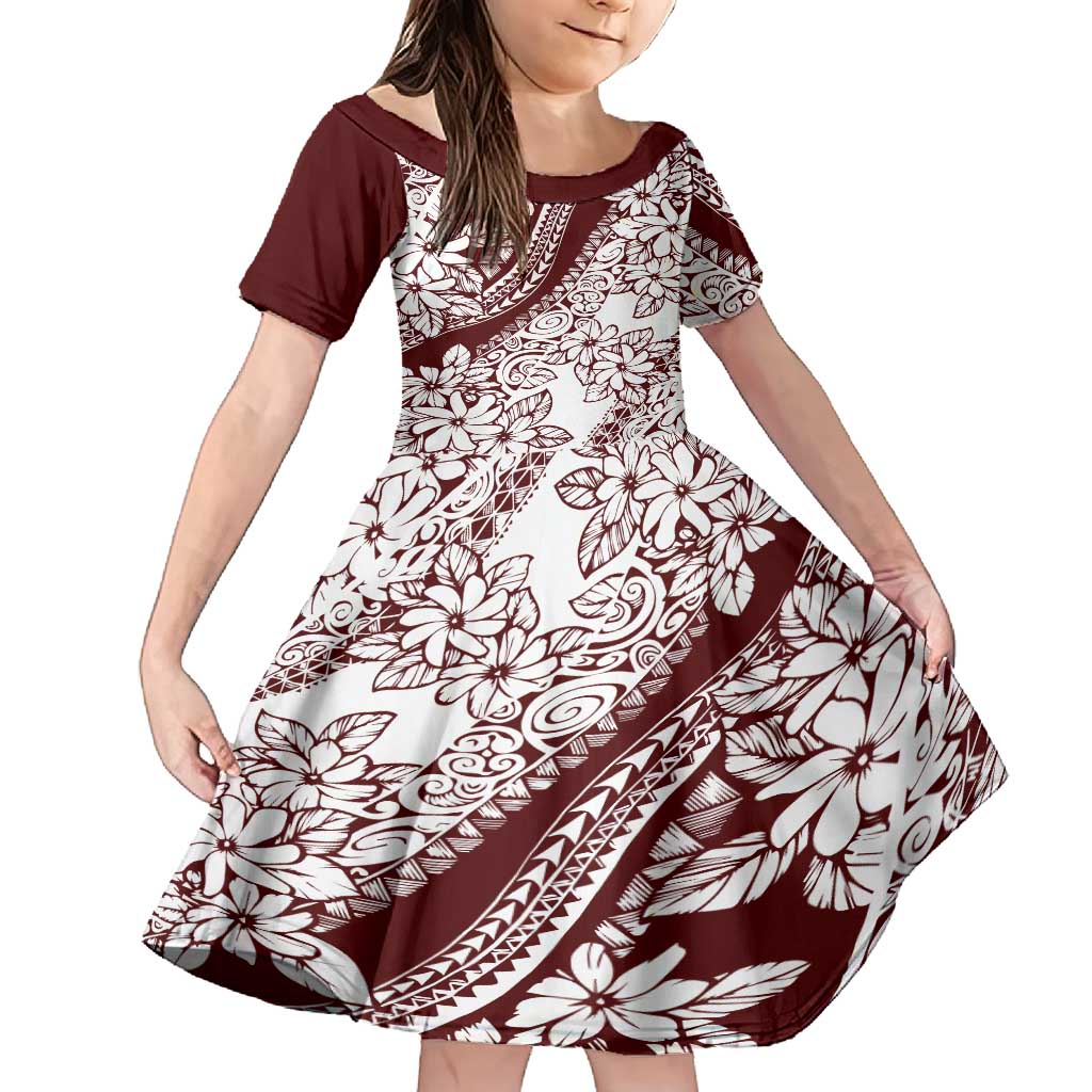 Polynesian Tropical Flowers Oxblood Color Family Matching Off Shoulder Maxi Dress and Hawaiian Shirt