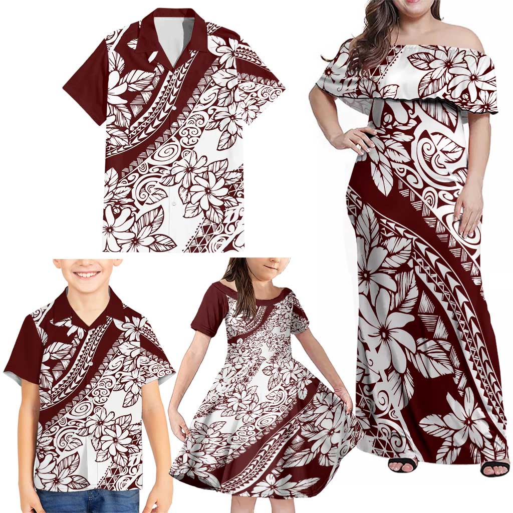 Polynesian Tropical Flowers Oxblood Color Family Matching Off Shoulder Maxi Dress and Hawaiian Shirt LT14 - Polynesian Pride
