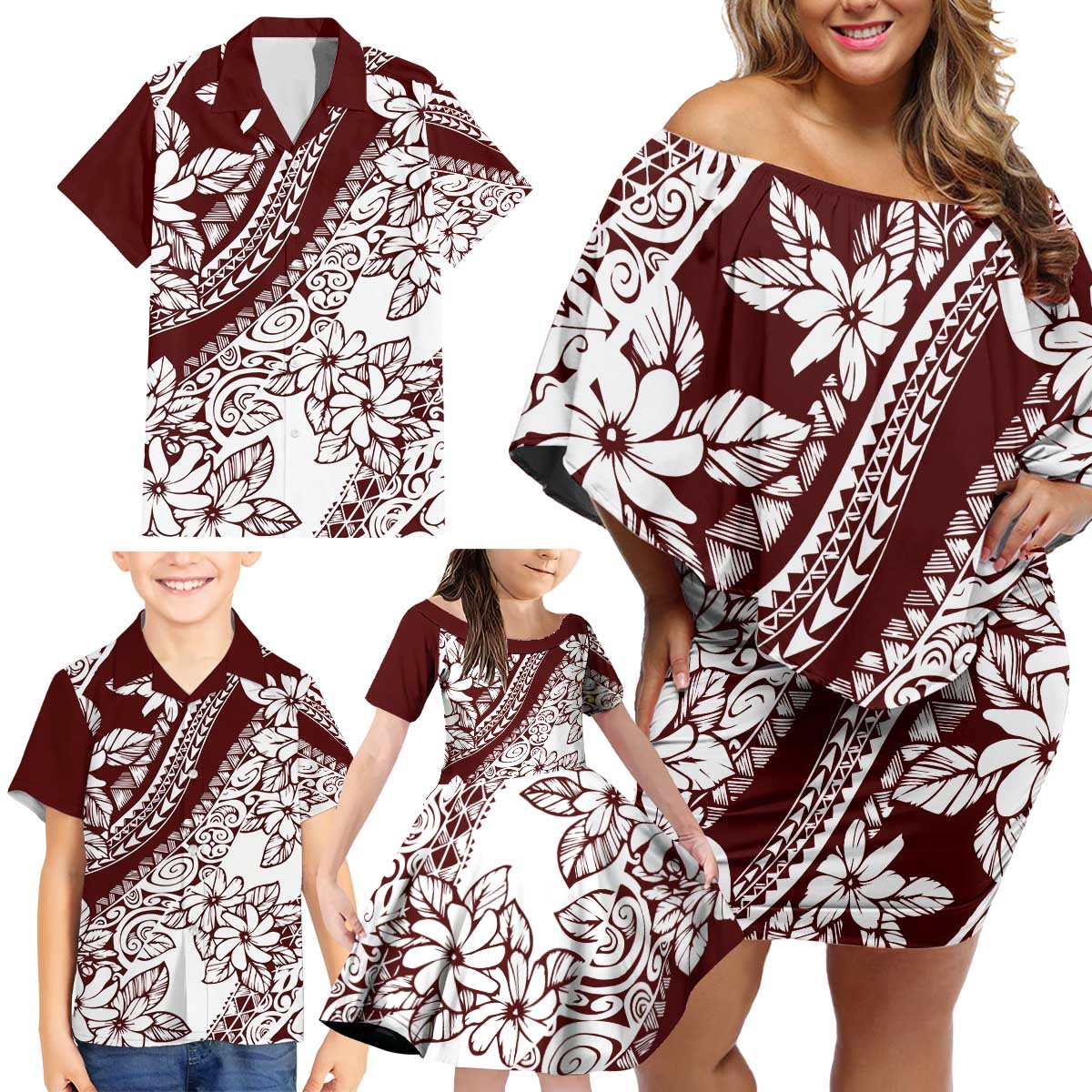 Polynesian Tropical Flowers Oxblood Color Family Matching Off Shoulder Short Dress and Hawaiian Shirt