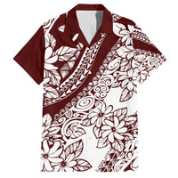 Polynesian Tropical Flowers Oxblood Color Family Matching Puletasi and Hawaiian Shirt