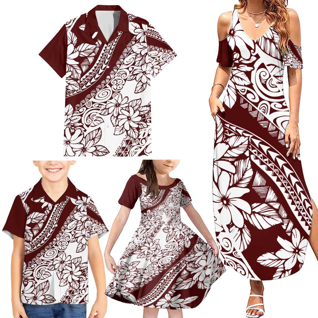 Polynesian Tropical Flowers Oxblood Color Family Matching Summer Maxi Dress and Hawaiian Shirt