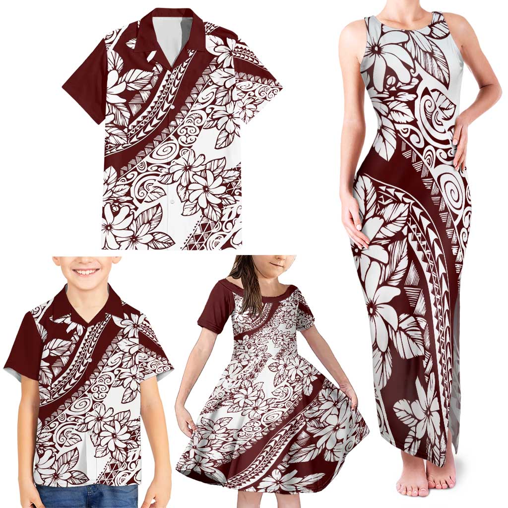 Polynesian Tropical Flowers Oxblood Color Family Matching Tank Maxi Dress and Hawaiian Shirt LT14 - Polynesian Pride