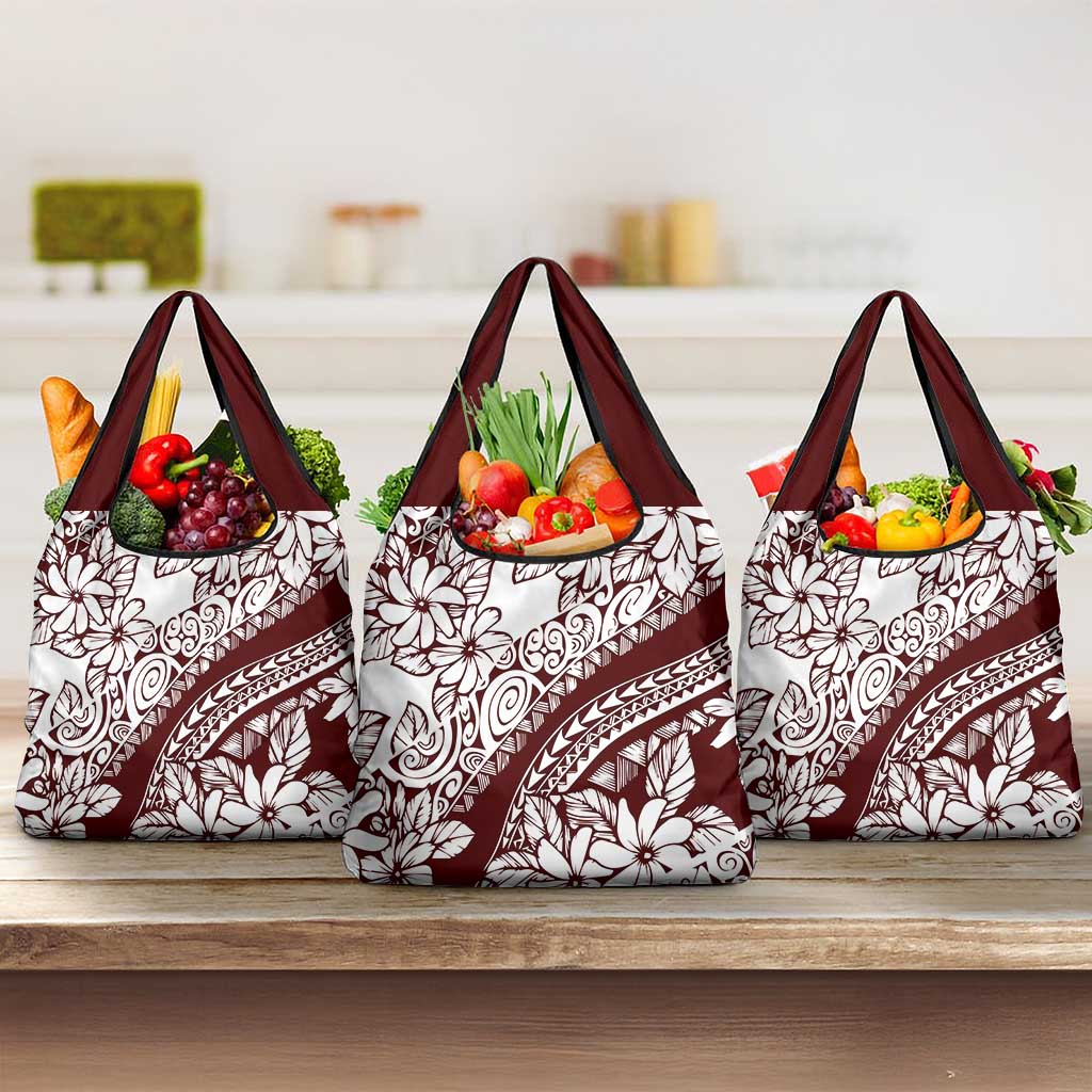 Polynesian Tropical Flowers Oxblood Color Grocery Bag LT14 3-pack One Size Oxblood - Polynesian Pride