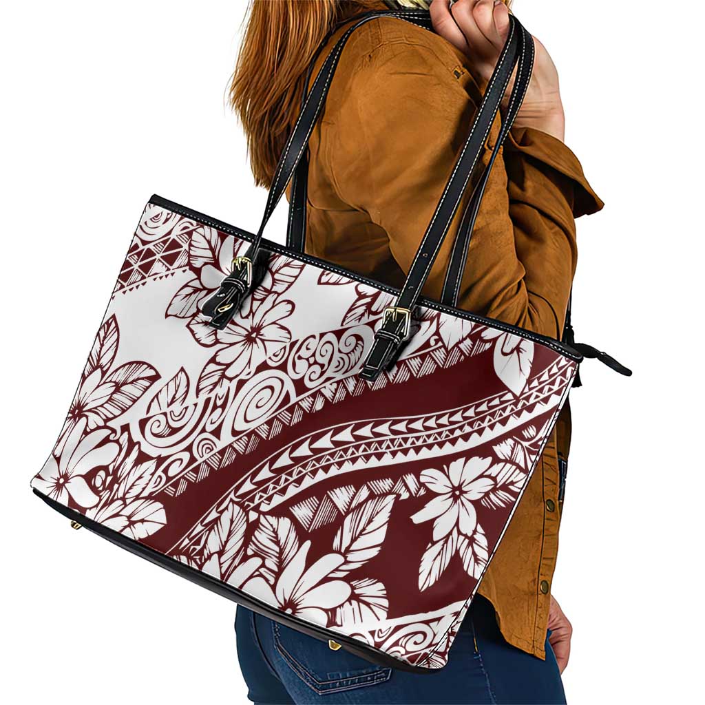 Polynesian Tropical Flowers Oxblood Color Leather Tote Bag LT14 - Polynesian Pride