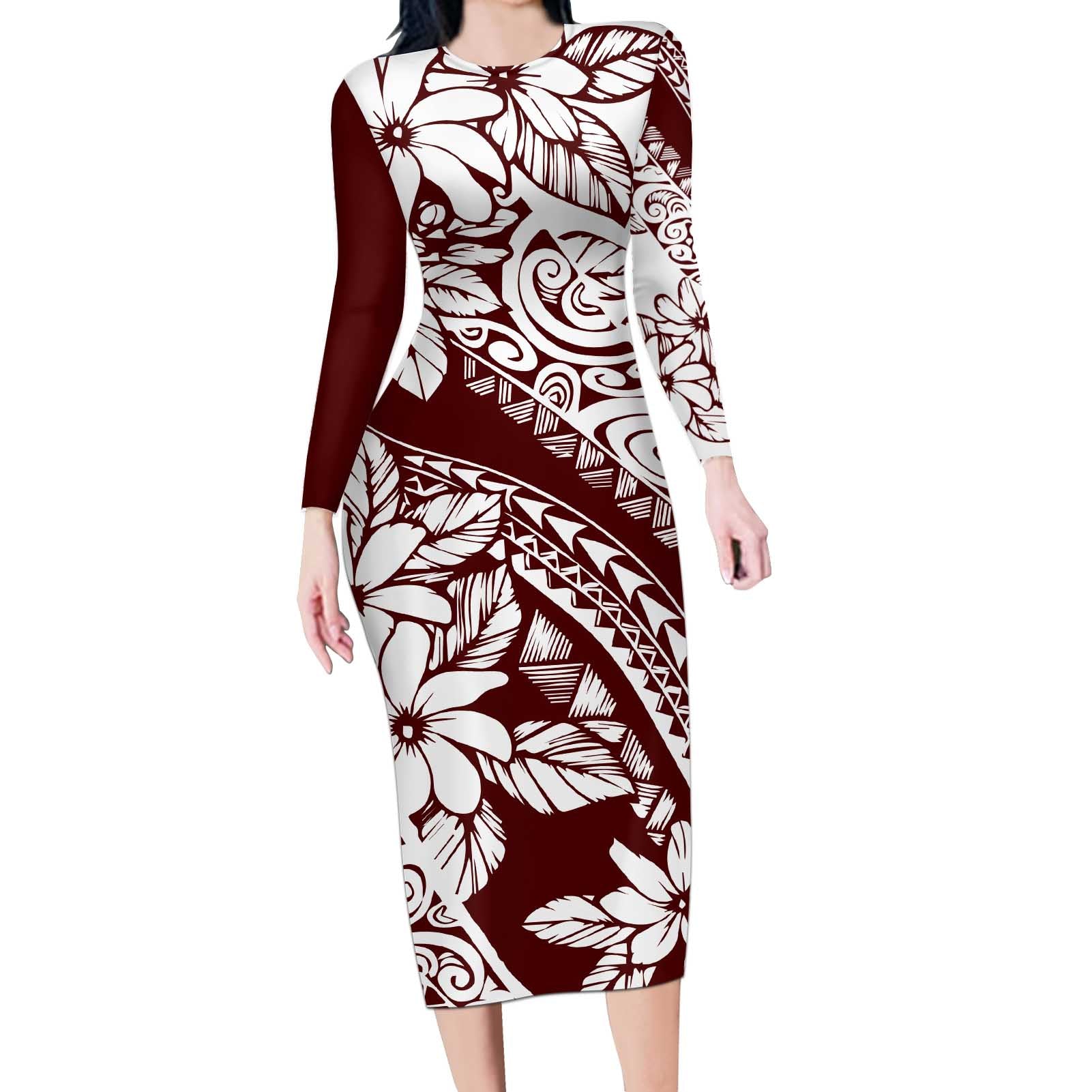 Polynesian Tropical Flowers Oxblood Color Long Sleeve Bodycon Dress