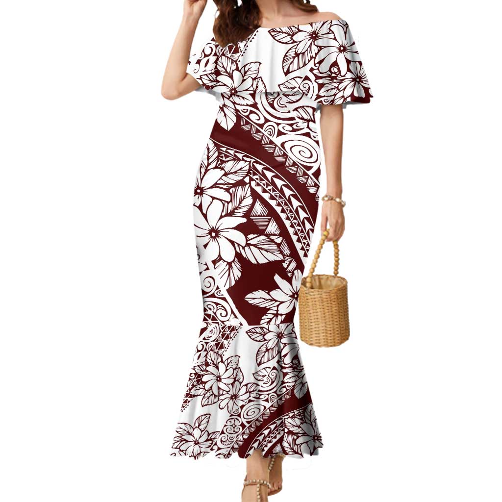 Polynesian Tropical Flowers Oxblood Color Mermaid Dress