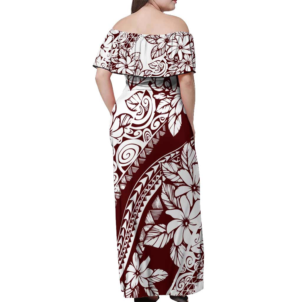 Polynesian Tropical Flowers Oxblood Color Off Shoulder Maxi Dress LT14 - Polynesian Pride