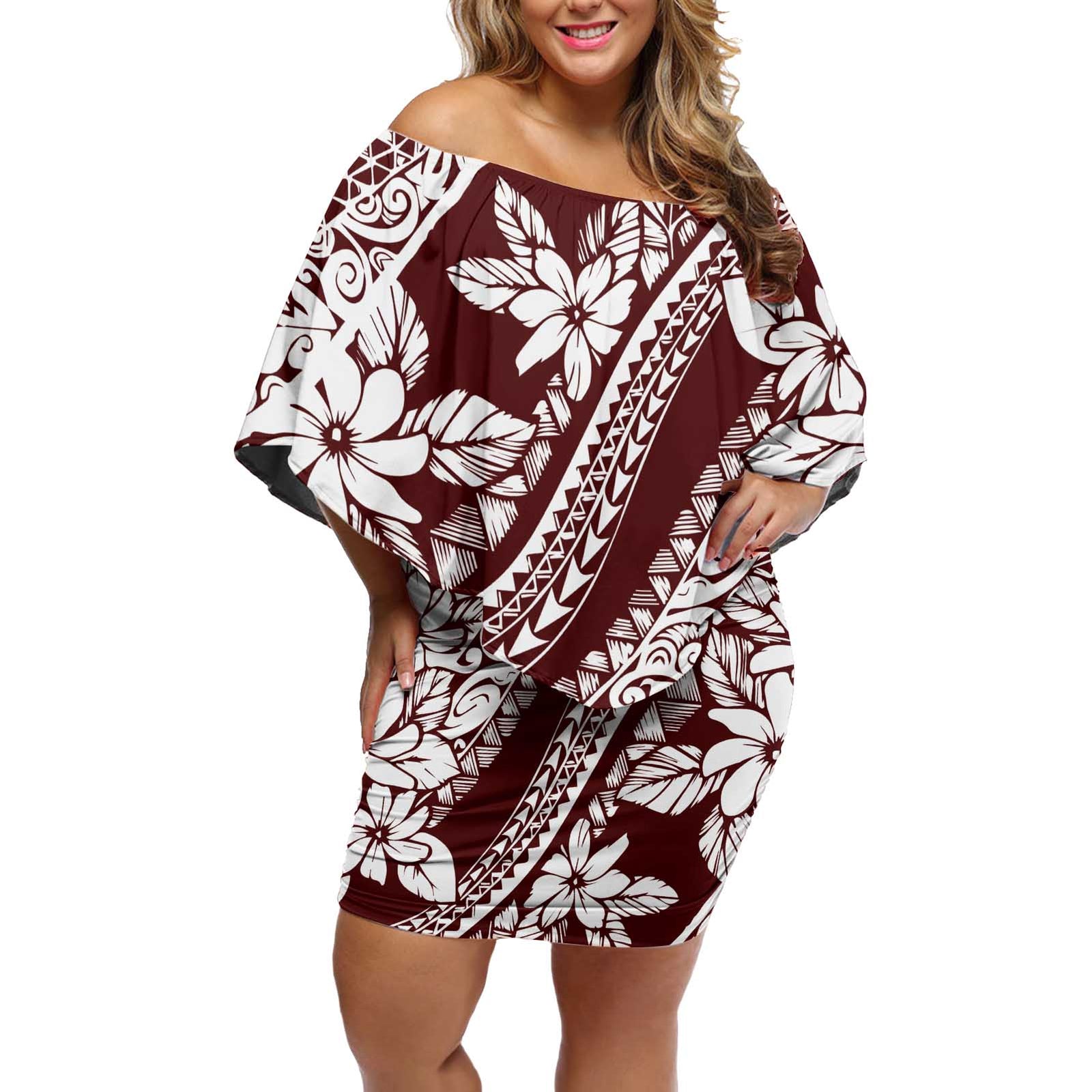 Polynesian Tropical Flowers Oxblood Color Off Shoulder Short Dress LT14 Women Oxblood - Polynesian Pride