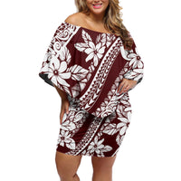 Polynesian Tropical Flowers Oxblood Color Off Shoulder Short Dress LT14 Women Oxblood - Polynesian Pride