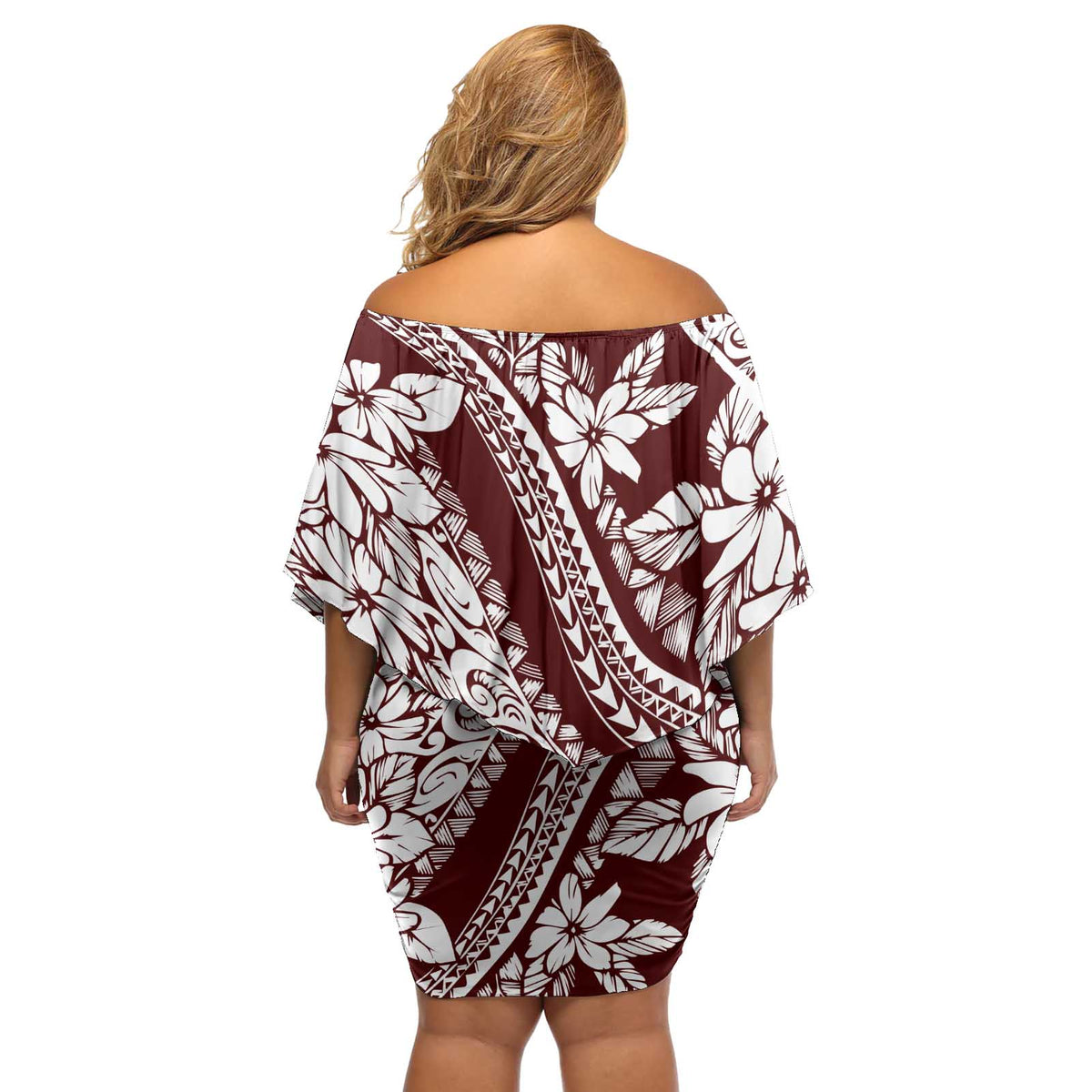 Polynesian Tropical Flowers Oxblood Color Off Shoulder Short Dress LT14 - Polynesian Pride