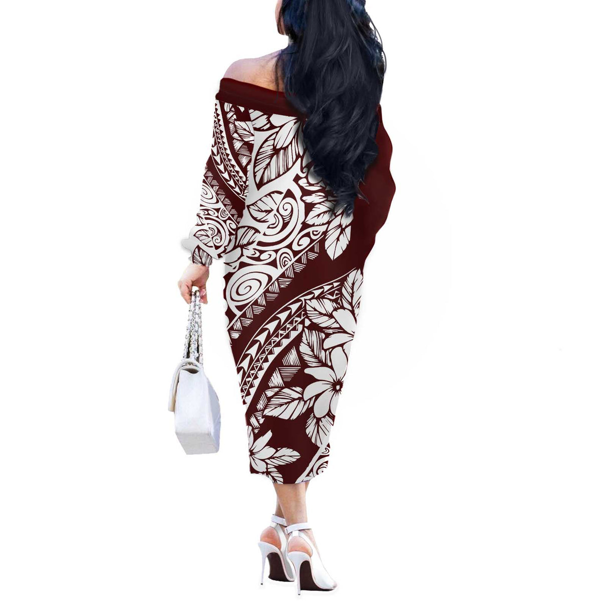 Polynesian Tropical Flowers Oxblood Color Off The Shoulder Long Sleeve Dress