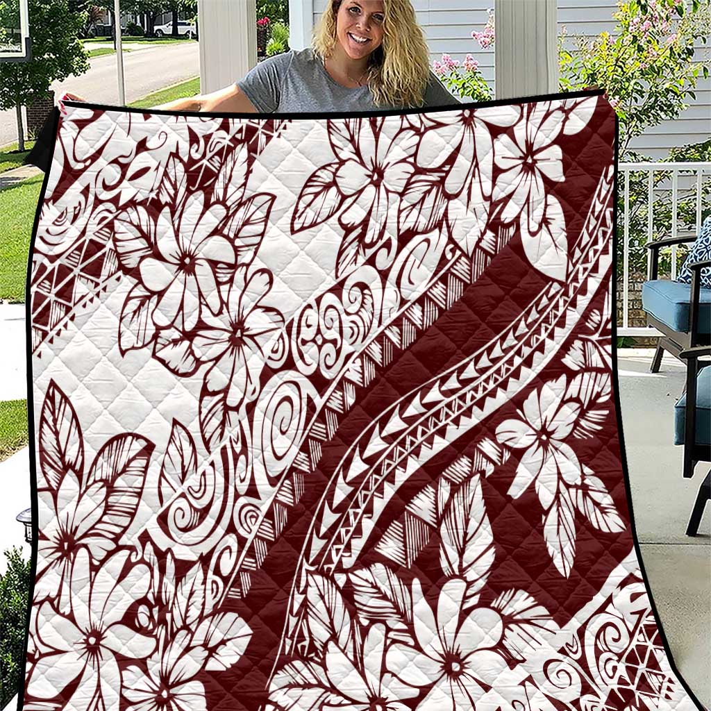 Polynesian Tropical Flowers Oxblood Color Quilt